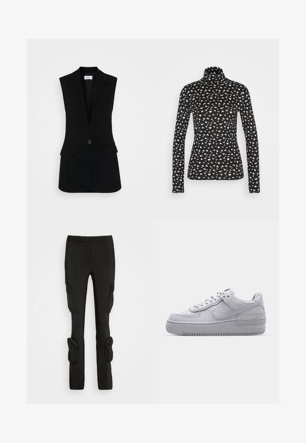 Zwarte mouwloze vest met een op maat gemaakt ontwerp, voorzien van een enkele knoopsluiting, gestructureerde revers en zijzakken.; Pieces PCNALA HIGH NECK - Longsleeve - black; Weekday ILA CARGO TROUSER - Cargobroek - black; Grijze Nike Air Force 1 sneaker met geperforeerde neus, glad leren bovenwerk, dikke zool en verhoogde 'AIR' details op de hiel.