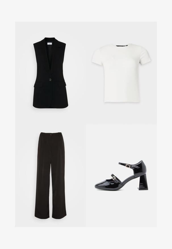 Chaleco negro sin mangas con un diseño ajustado, que presenta un cierre de un solo botón, solapas estructuradas y bolsillos laterales.; Camiseta blanca de punto acanalado con mangas cortas y cuello redondo, presentada sobre un fondo liso gris claro.; Vero Moda Wide leg VMLUNADESI Mid waist - Pantalones - black; Zapato Mary Jane de charol negro con dos correas ajustables con hebillas y un tacón cuadrado sobre un fondo blanco.