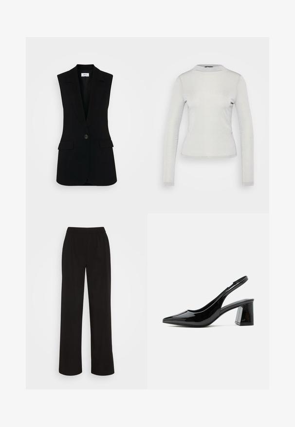 Must mustata ilmaärkega vest, millel on kohandatud disain, ühe nööbiga sulgemine, struktureeritud kraed ja küljetaskud.; Gina Tricot GLITTER TURTLENECK - Pikkade varrukatega topp - silver grey; Vero Moda VMZELDA PULL ON WIDE PANT - Püksid - black; Mustast lakknahast slingback stiilis king varvaste tipuga ja robustse keskmise kõrgusega plokk-kontsaga valgel taustal.