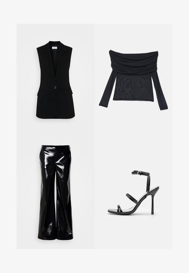 Sorte ærmeløs vest med skræddersyet design, der har en enkelt knaplukning, strukturerede revers og sidelommer.; Sort off-shoulder top med samlet stofstruktur, lange ærmer og tætsiddende silhuet. Fremstillet af et let, glat materiale.; Sorte bukser med vide ben lavet af blankt, glinsende materiale; har en glat tekstur og en skræddersyet talje uden synlige lukninger eller pynt.; Sorte patentlæder højhælede sandaler med tre horisontale stropper og en justerbar ankelstrop. Elegant silhuet og skinnende finish.