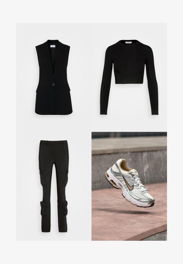 Zwarte mouwloze vest met een op maat gemaakt ontwerp, voorzien van een enkele knoopsluiting, gestructureerde revers en zijzakken.; WAL G. X JOEY BACK DETAIL - Longsleeve - black; Weekday ILA CARGO TROUSER - Cargobroek - black; Witte en zilveren Nike hardloopschoen met een beige swoosh-logo, getoond zwevend boven een stenen oppervlak met een onscherpe grijze muur op de achtergrond.