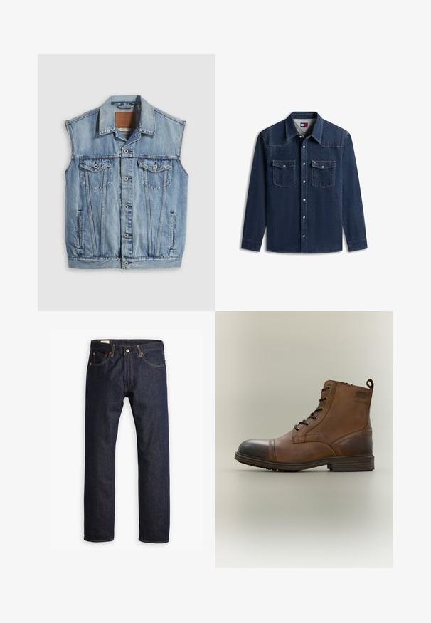 Denimvest i lyseblå med spidse krave, knapper foran, to brystlommer og sidelommer; har et lædermærke med mærket.; Mørkeblå denim skjorte med lange ærmer, med knapper foran, to brystlommer med klapper og en spids krave.; Mørkeblå denimjeans med lige ben, orange syninger og fem lomme-design med metalspænde.; Brun læderstøvle med snørebånd, sort tåhætte, rund sål og mærket detalje på siden mod ensfarvet baggrund.