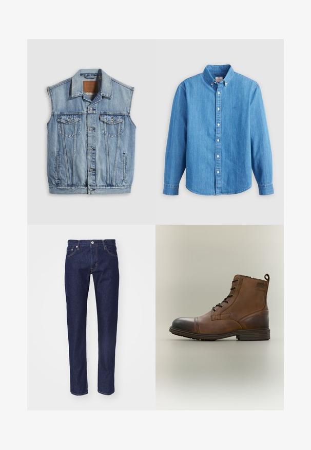 Denimvest i lyseblå med spidse krave, knapper foran, to brystlommer og sidelommer; har et lædermærke med mærket.; Lyseblå denimskjorte med lange ærmer, knap-ned krave og hvide knapper. Har et lille broderet logo på brystet.; Mørkeblå denim jeans med lige pasform, fem-lomme design, kontrasterende orange syninger og en sølvknaplukning i taljen.; Brun læderstøvle med snørebånd, sort tåhætte, rund sål og mærket detalje på siden mod ensfarvet baggrund.