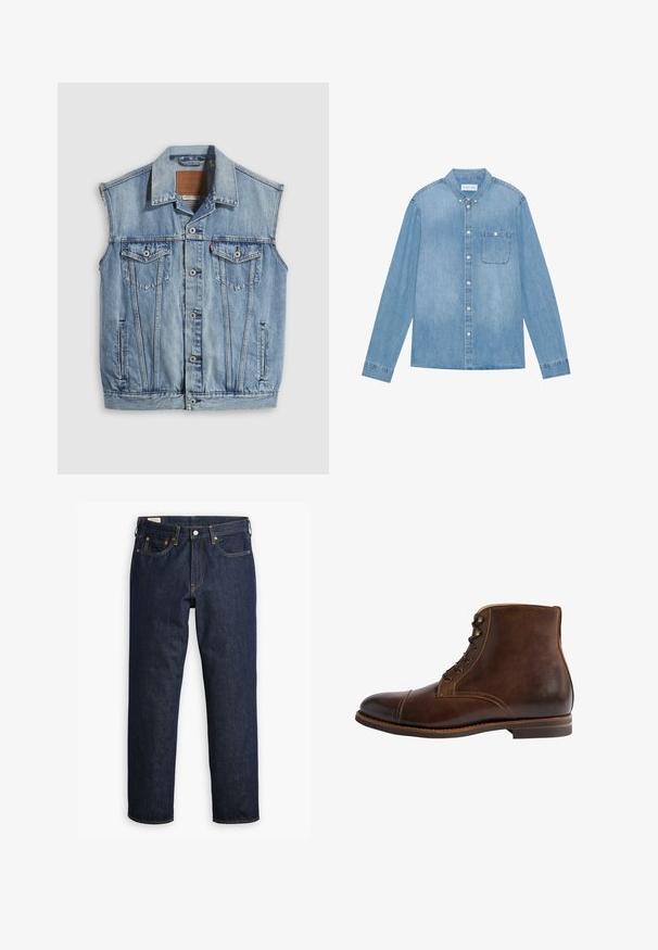 Chaleco vaquero en azul claro con cuello puntiagudo, cierre frontal con botones, dos bolsillos en el pecho y bolsillos laterales; cuenta con una etiqueta de cuero con la marca.; Camisa de mezclilla azul claro, con botones, mangas largas, collar puntiagudo, un bolsillo en el pecho y un ligero desgaste en la tela.; Jeans de denim azul oscuro con corte recto, que cuentan con un estilo de cinco bolsillos, costuras visibles y una clásica bragueta de botones.; Botín de cuero marrón hasta el tobillo con punta redondeada, diseño con cordones, costuras en contraste y un acabado suave. Suela plana y acentos mínimos.