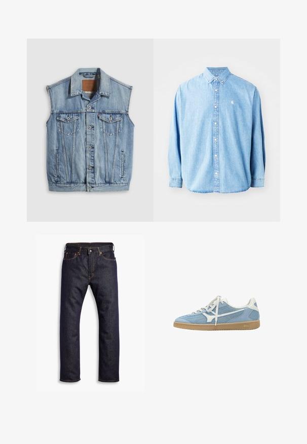 Denimvest i lyseblå med spidse krave, knapper foran, to brystlommer og sidelommer; har et lædermærke med mærket.; Lysel blå denim skjorte med knapper og lange ærmer, spids krave og et lille logo på venstre bryst. Har en afslappet pasform og klassisk design.; Mørkeblå lige ben denim jeans med fem lommer og orange kontrastsyning, lagt fladt ud mod hvid baggrund.; Lyseblå og hvide lave sneakers med mesh og ruskindsoverdel, hvide snørebånd og gummisål.