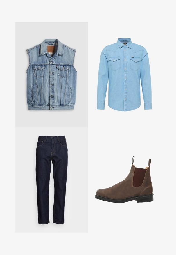 Denimvest i lyseblå med spidse krave, knapper foran, to brystlommer og sidelommer; har et lædermærke med mærket.; Lyseblå denimskjorte med lange ærmer, knaplukning, to brystlommer med knapper, spids krave og lille Lee-logo på venstre lomme.; Mørkeblå denimjeans med lige pasform, fem lommer og kontrasterende gul syning. Designet med en klassisk knap- og lynlåslukning.; Brune læder ankelstøvle med elastiske sidelapper, rund tå og sort gummisål. Subtile tekstur- og syningsdetaljer.