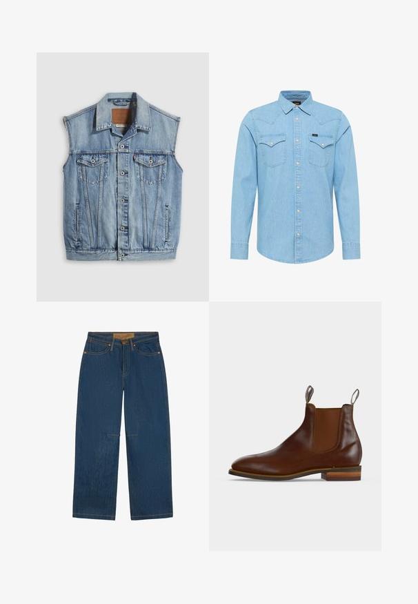 Denimvest in lichtblauw met een puntige kraag, knoopsluiting aan de voorkant, twee borstzakken en zijzakken; voorzien van een lederen merkpatch.; Lichtblauw denim overhemd met lange mouwen, knoopsluiting, twee achterzakken met knoop, puntige kraag en klein Lee-logo op de linkerzak.; Donkerblauwe denim jeans met wijde pijpen, vijf zakken, koperen klinknagels en een bruine Wrangler merkpatch op de tailleband.; Bruine leren Chelsea-boot met elastische zijpanelen, treklipjes aan voor- en achterkant en gestapelde houten hak.