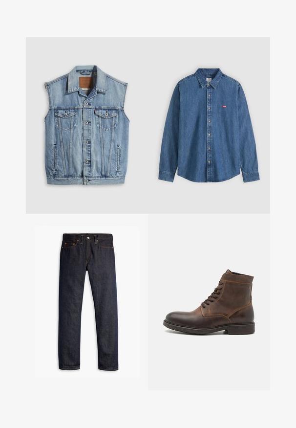 Denimvest i lyseblå med spidse krave, knapper foran, to brystlommer og sidelommer; har et lædermærke med mærket.; Langærmet blå denimskjorte med krave og beige knapper, med et lille rødt Levi's logo på venstre bryst.; Mørkeblå denimjeans med lige pasform, fem-lomme design, kobbernitter, gul syning og et markant struktureret stof.; Jack & Jones JFWDELANEY BOOT - Snørestøvletter - cognac