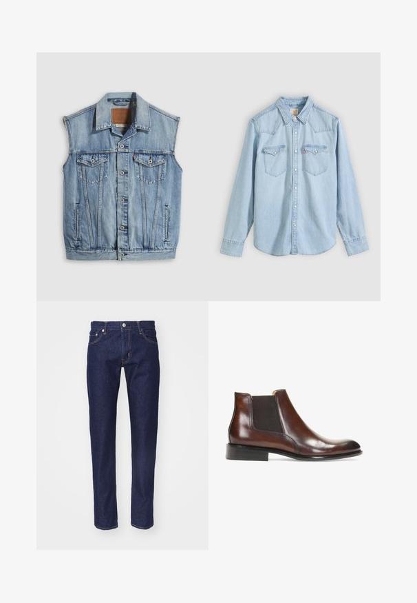 Denimvest i lyseblå med spidse krave, knapper foran, to brystlommer og sidelommer; har et lædermærke med mærket.; Lyseblå denimskjorte med lange ærmer, knapper foran, to brystlommer med knapflap og spids krave på ensfarvet baggrund.; Mørkeblå denim jeans med lige pasform, fem-lomme design, kontrasterende orange syninger og en sølvknaplukning i taljen.; Brun læder ankelstøvle med elastiske sidepaneler, en glat overflade, stikninger og en lav rektangulær hæl.