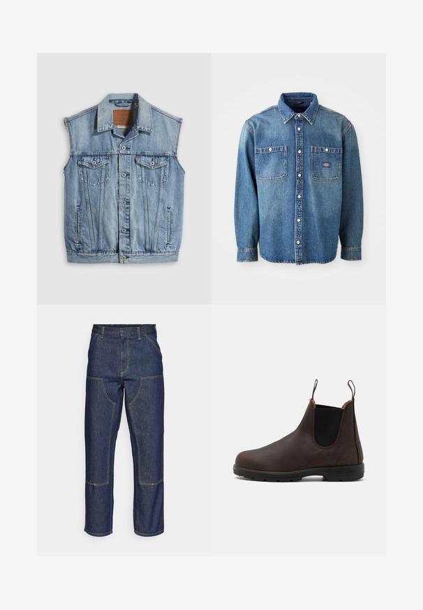 Chaleco vaquero en azul claro con cuello puntiagudo, cierre frontal con botones, dos bolsillos en el pecho y bolsillos laterales; cuenta con una etiqueta de cuero con la marca.; Camisa de mezclilla en azul medio, con cuello de punta, dos bolsillos en el pecho y botones plateados. Mangas largas con puños abotonados.; Jeans de mezclilla azul oscuro con cintura alta, diseño de pierna recta, costuras contrastantes y bolsillos de parche en la parte delantera.; Botín de piel marrón hasta el tobillo con paneles laterales elásticos y lengüetas en la parte superior, que presenta una superficie texturizada y una suela de goma negra duradera.