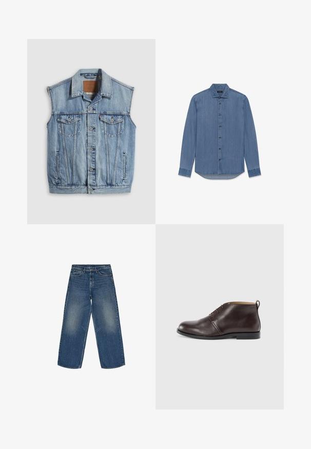 Denimvest i lyseblå med spidse krave, knapper foran, to brystlommer og sidelommer; har et lædermærke med mærket.; Denimskjorte i en medium blå tone. Har knaplukning foran, spids krave og lange ærmer med knapmanchetter. Glat tekstur.; Bredde ben denim jeans i medium blå. Fremstillet af bomuld, med falmede sektioner, fem-lomme design og lynlås med knaplukning.; Brune læderankelstøvler med en glat overflade, der har runde tåspidser, minimal snøring og en lille hæl. Mærkelogo på bagsiden.