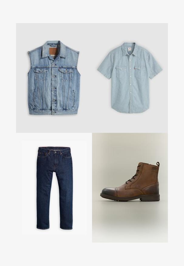 Denimvest in lichtblauw met een puntige kraag, knoopsluiting aan de voorkant, twee borstzakken en zijzakken; voorzien van een lederen merkpatch.; Korte mouwen shirt in lichtblauw met witte strepen, voorzien van een traditionele kraag, twee borstzakken en knoopsluiting. Gemaakt van katoen.; Persoon die donkerblauwe rechte jeans draagt, witte sneakers en een olijfgroene trui, met handen in de zakken, staand tegen een grijze achtergrond.; Bruine leren enkellaars met veters, zwarte neuskap, ronde zool en merkdetail aan de zijkant tegen een effen achtergrond.