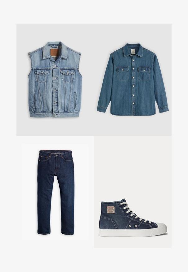 Denimvest in lichtblauw met een puntige kraag, knoopsluiting aan de voorkant, twee borstzakken en zijzakken; voorzien van een lederen merkpatch.; Blauw denim overhemd met lange mouwen, knoopsluiting aan de voorkant, twee borstzakken en een kraag. Voorzien van stikdetails en een comfortabele, losse pasvorm.; Persoon die donkerblauwe rechte jeans draagt, witte sneakers en een olijfgroene trui, met handen in de zakken, staand tegen een grijze achtergrond.; Marineblauwe hoge sneaker met witte veters, witte rubberen zool, metalen oogjes en een klein beige merklabel op het enkelgebied.