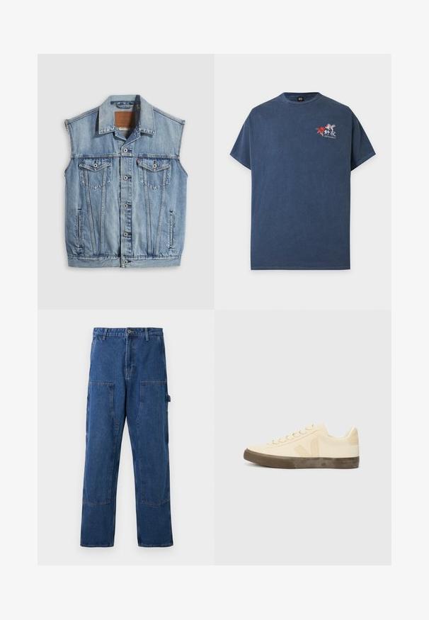 Denimvest i lyseblå med spidse krave, knapper foran, to brystlommer og sidelommer; har et lædermærke med mærket.; Mørkeblå T-shirt med korte ærmer med et lille broderet design af to koi-fisk og japanske tegn på venstre bryst.; Blå denim cargo bukser med lige ben, to store sidelommer og en knaplukning i taljen. Robust tekstur og struktureret design.; Beige lærredssko med rund tå, flade snørebånd og struktureret brun gummisål. Har et logo på siden og et minimalistisk design.