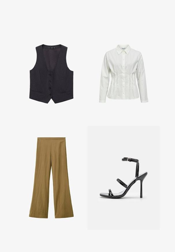 Dark gray pinstriped waistcoat with a V-neck, six front buttons, and two side pockets. Made of smooth fabric with a tailored fit.; White long-sleeve button-up shirt with pointed collar and vertical pleats shaping the waist, displayed on a plain background.; Wide-leg trousers in solid olive green with a high waist and clean, seamless design.; Black patent leather high-heeled sandals with three horizontal straps and an adjustable ankle strap. Sleek silhouette and shiny finish.