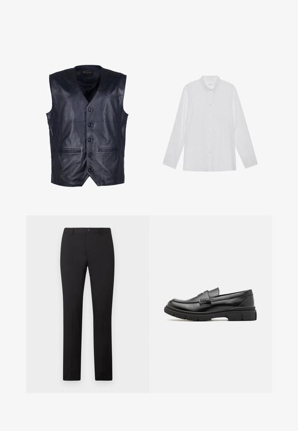 Zwart leren gilet met een V-hals, zes knopen aan de voorkant, twee voorzakken en een gladde, glanzende afwerking.; Witte blouse met lange mouwen van soepel stof, met een puntige kraag, voorkant met knoopsluiting en manchetten met één knoop.; Zwarte, op maat gemaakte broek met een rechte pijp, voorzien van een knoopsluiting en riemlussen. Gemaakt van gladde stof zonder zichtbare patronen.; Zwarte leren instapper met een brede band over de voet, rubberen zool met dikke noppen en een gladde textuur. Klassiek, strak ontwerp.