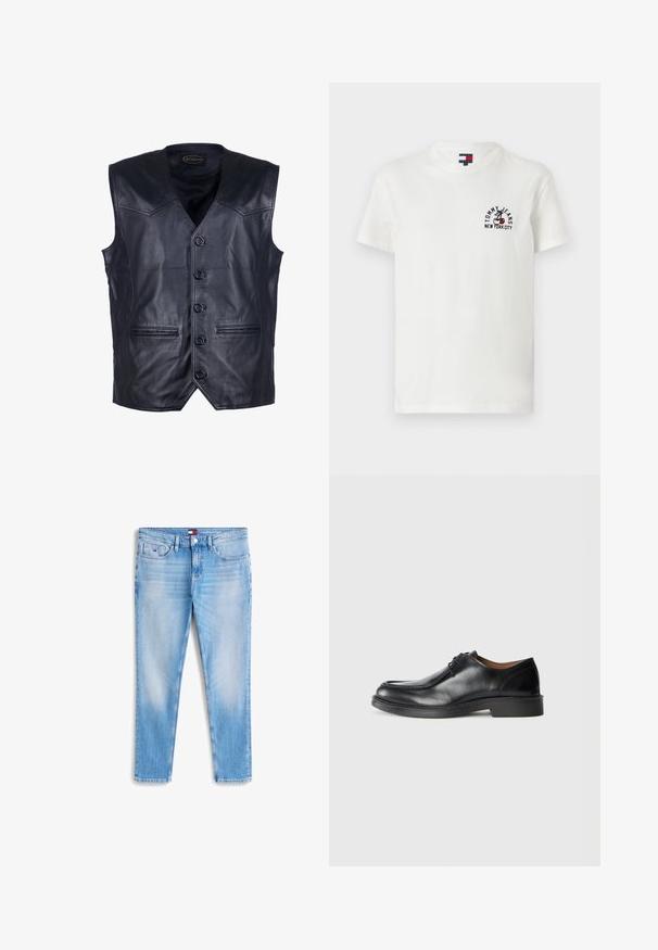 Sort lædervest med V-hals, seks knapper foran, to forlommer og en glat, skinnende overflade.; Hvid bomulds t-shirt med rund hals og korte ærmer. Har et sort og rødt logo med "TOMMY JEANS NEW YORK CITY" på venstre bryst.; Lys blå denimjeans med en lige pasform, der har frontlommer, bæltestropper og et lille logo-tag på taljen. Fadede mønsterdetaljer.; Sorte lædersko med rund tå, glat overflade, snøre detaljer og en lav, tekstureret gummisål. Rene linjer og minimalistisk design.