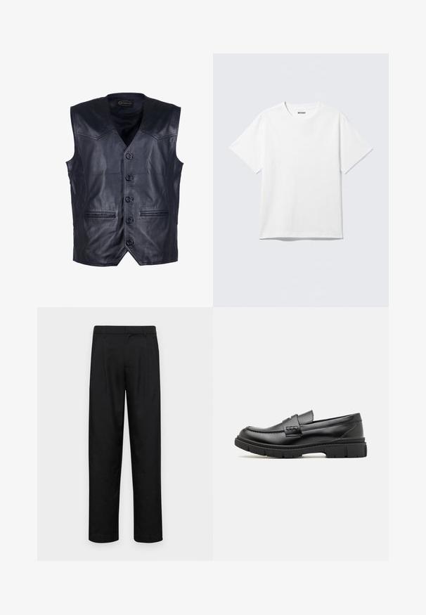 Zwart leren gilet met een V-hals, zes knopen aan de voorkant, twee voorzakken en een gladde, glanzende afwerking.; Witte T-shirt met korte mouwen en ronde hals, plat gelegd, effen ontwerp, met een "WEEKDAY" label in de kraag op een lichte achtergrond.; Zwarte broeken van gladde stof, met een recht model, twee voorknikken en een standaard tailleband met riemlussen.; Zwarte leren instapper met een brede band over de voet, rubberen zool met dikke noppen en een gladde textuur. Klassiek, strak ontwerp.
