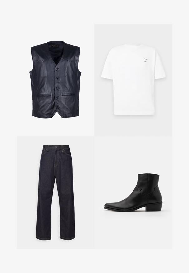 Zwart leren gilet met een V-hals, zes knopen aan de voorkant, twee voorzakken en een gladde, glanzende afwerking.; Witte katoenen t-shirt met een relaxed fit, korte mouwen en een V-hals. Bevat twee kleine zwarte bedrukte logo's aan de linkerkant.; Donkerblauwe rechte spijkerbroek met gele stiksels, voorknop, ritssluiting en vijf pocket ontwerp.; Zwarte leren enkellaars met een spitse neus, minimale stiksels, een middellange blokhak en een gladde, gepolijste afwerking.