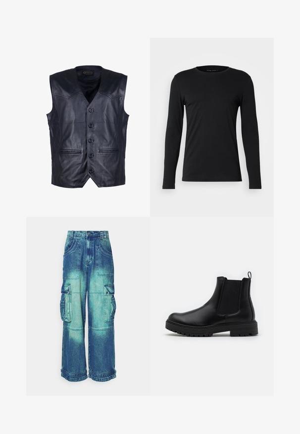 Zwart leren gilet met een V-hals, zes knopen aan de voorkant, twee voorzakken en een gladde, glanzende afwerking.; Zwart langarm t-shirt van een zachte stof. Heeft een ronde halslijn en een getailleerde pasvorm zonder zichtbare graphics of versieringen.; Denim cargobroek in een gradient blauw, met meerdere zakken, wijde pijpen en een rafelige zoom. Gemaakt van stevig materiaal met zichtbare stiksels.; Zign by Zalando LEATHER - Lage laarzen - black