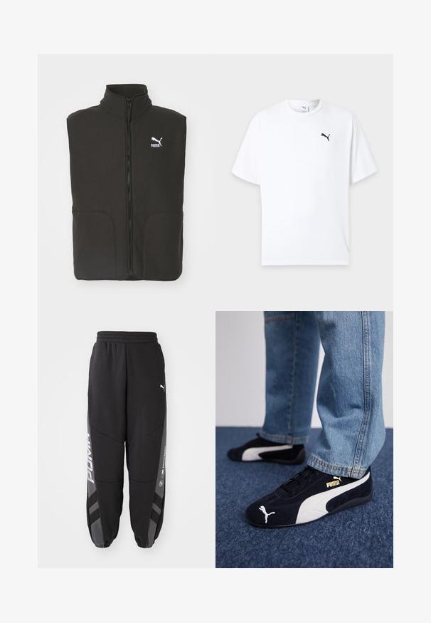 Zwarte fleece bodywarmer met een hoge kraag, twee voorzakken en een centrale rits. Heeft een wit Puma-logo op de linkerborst.; Witte T-shirt met korte mouwen en ronde hals met een klein zwart Puma-logo op de linkerborst tegen een lichte achtergrond.; Zwarte joggers van zacht materiaal. Kenmerken zijn een elastische tailleband, taps toelopende pijpen, grijze accenten en witte logo's op de zijkanten.; Zwarte suède sneakers met witte accenten, voorzien van een gouden logo. Gemaakt met lichtblauwe spijkerbroek en geplaatst op een textuur blauwe ondergrond.