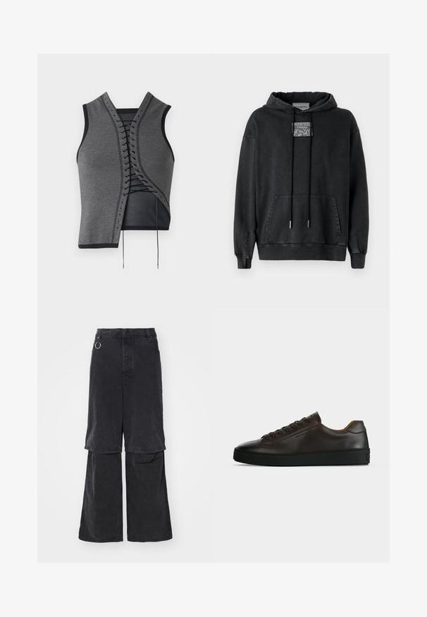 Grå ærmeløs top med en snørelukning foran, sorte accenter og øskner, tekstureret stof og en asymmetrisk skæring.; Iceberg Hættetrøje - nero; Études NOCTURNE - Jeans Relaxed Fit - black washed; Lavprofil mørkebrune lædersneaker med sort gummisål, snørelukning foran og glat minimalistisk design på lys baggrund.