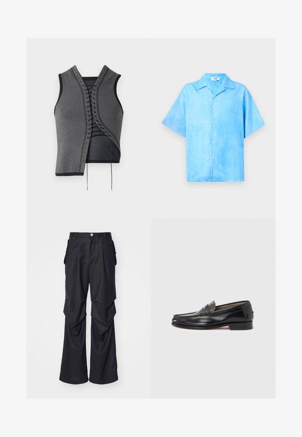 Grijze mouwloze top met een kanten voorkantontwerp met zwarte accenten en oogjes, textuurstof en een asymmetrische snit.; Lichtblauw overhemd met korte mouwen, knoopsluiting en spreidkraag, met witte knoppen, getoond tegen een effen witte achtergrond.; Zwarte pinstripe broek met een wijde broekspijpen ontwerp, voorzien van plooien, zijzakken en een knoopsluiting aan de voorkant. Glad materiaal.; Zwarte leren loafers met een mocassin-stijl ontwerp, voorzien van een decoratieve band en stiksel detail op het bovenwerk. Lage blokhak.