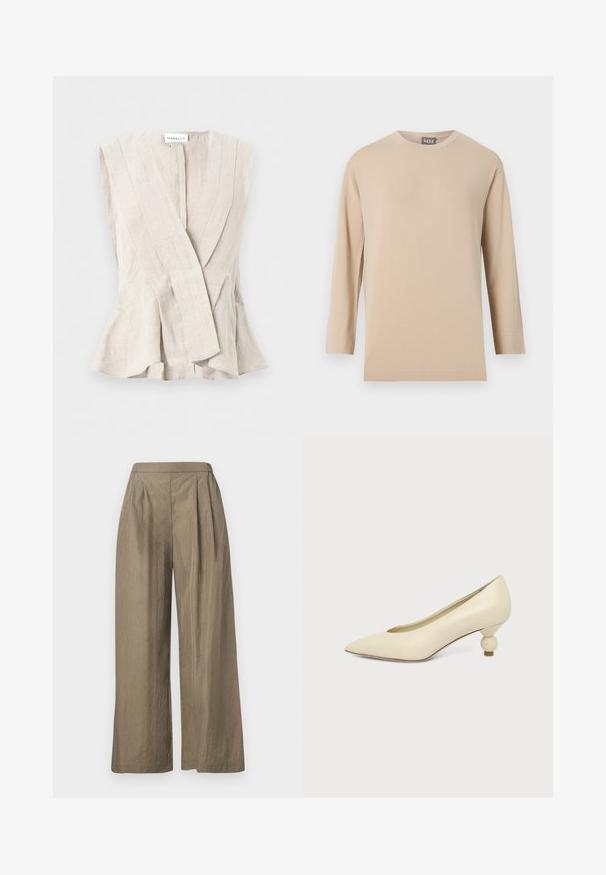 Veste sans manches en lin beige avec un profond col en V, coutures structurées et ourlet évasé, étiquetée "Marella" au niveau de l'encolure.; T-shirt beige à manches longues avec col rond et ourlet droit, présenté sur un fond blanc uni.; Pantalon kaki taille haute à jambes larges avec des plis à l'avant, confectionné dans un tissu texturé, présenté sur un fond blanc.; Chaussure femme couleur crème à bout pointu avec un petit talon rond en forme de boule, sur fond uni.