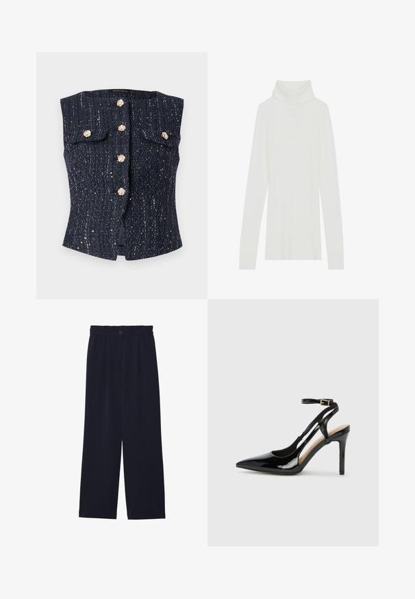 Gilet sans manches texturé bleu marine avec des boutons floraux ton or, deux poches à rabat, et des détails discrets en fil métallique.; Pull à col roulé blanc côtelé avec des manches longues, texture douce, et un col roulé haut, doté d'une coupe ajustée et sans fermetures visibles.; Pantalons large bleu marine avec une texture lisse, taille élastique, pli avant unique et fermeture à bouton à la taille.; Escarpin en cuir verni noir à talon haut, avec un bout pointu, une bride réglable à la cheville et des côtés ouverts. Texture lisse.