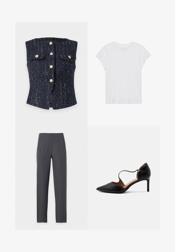 Gilet sans manches texturé bleu marine avec des boutons floraux ton or, deux poches à rabat, et des détails discrets en fil métallique.; T-shirt blanc à manches courtes, col rond, coupe décontractée, en tissu de coton doux. Texture lisse, sans motifs ni logos.; Pantalon droit gris foncé avec taille haute et plis subtils à l'avant, présenté sur un fond clair uni.; Chaussure à talon haut en cuir noir à bout pointu avec une fine bride à la cheville et un talon stiletto de hauteur moyenne sur fond blanc.