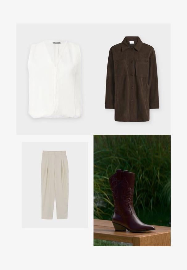Blouse blanche sans manches avec un décolleté en V, dotée d'un ourlet à franges sur les bords et d'une fermeture éclair centrale. Tissu lisse et léger.; Chemise longue manche en velours côtelé marron foncé avec col, boutons devant, deux poches poitrine et deux poches latérales.; Pantalon beige taille haute, ajusté avec des plis, poches latérales, passants pour ceinture et fermeture éclair à l'avant.; Botte de cowboy en cuir brun foncé avec des motifs brodés, un talon bas incliné et des languettes, posée sur un banc en bois avec un fond de plantes vertes.