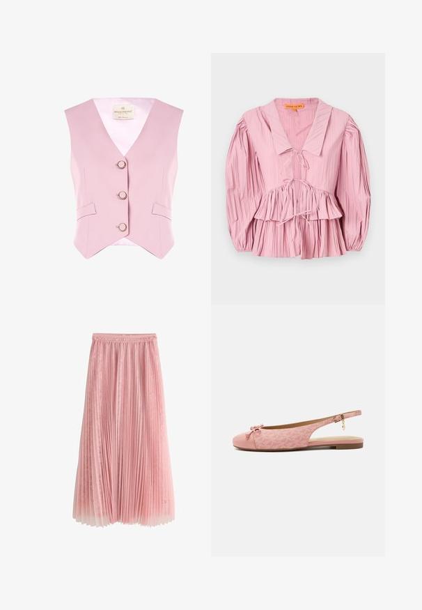 Lichtroze mouwloos vest met een V-hals, drie ronde knopen en twee zijzakken. Gemaakt van een gladde stof met een satijnen voering.; Stine Goya PLEATED BALLOON SLEEVE TIE - Blouse - pink nectar; Roze geplooide midi-rok met een kanten onderlaag en een geplooide tailleband, getoond op een witte achtergrond.; Roze platte slingback schoen met gestructureerde stof, strik op de afgeronde neus, enkelriem met gouden gesp en bedel, en lage bruine zool.