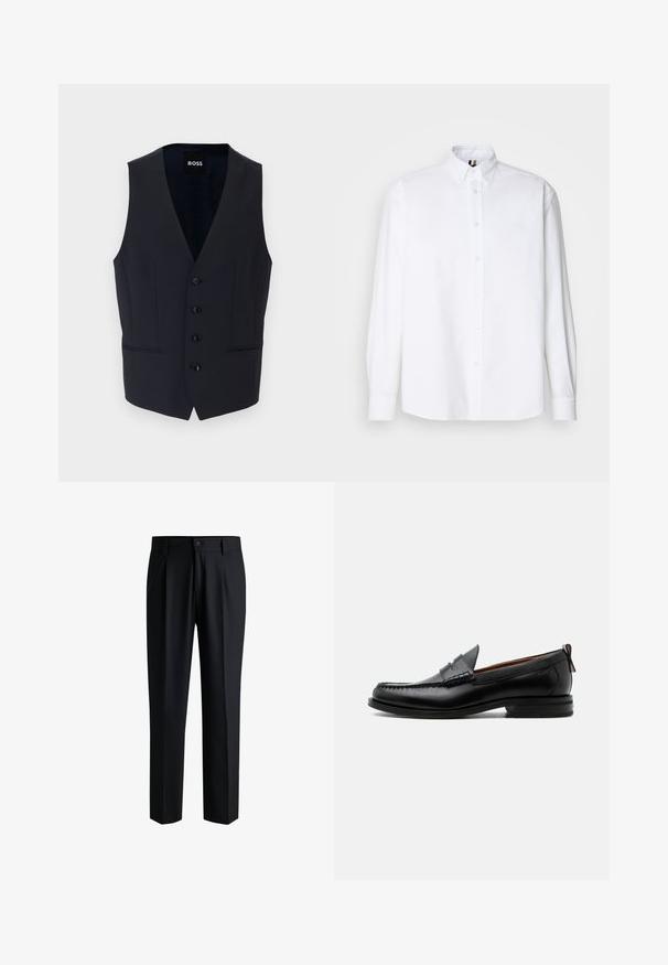 Chaleco navy con diseño de escote en V, que cuenta con seis botones y dos bolsillos laterales, fabricado con una tela suave y ligera.; Camisa blanca de manga larga y cierre de botones, hecha de algodón, con un cuello clásico y un sutil detalle bordado en el pecho. Textura suave, corte regular.; Pantalones negros de tela suave, con un diseño de pierna recta, pliegues en la parte delantera y cierre de botón con trabillas para cinturón.; Mocasín de hombre de piel negra con costura moc toe, tira penny, cuello texturizado y tacón bajo apilado sobre fondo blanco.