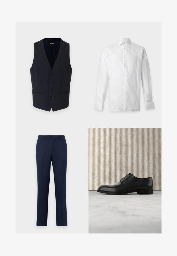 Marineblauw vest met een V-hals ontwerp, voorzien van zes knopen en twee zijzakken, gemaakt van een gladde, lichte stof.; Wit overhemd met lange mouwen, knopen aan de voorkant en kraag, plat uitgestald op een lichte achtergrond.; Marineblauwe op maat gemaakte broek met riemlussen, vooraan ritssluiting en rechtlopende pasvorm tegen een effen witte achtergrond.; Zwarte leren dress shoe met een ronde neus, een gladde textuur, minimale naden en een platte zool met subtiele branding op de hiel.