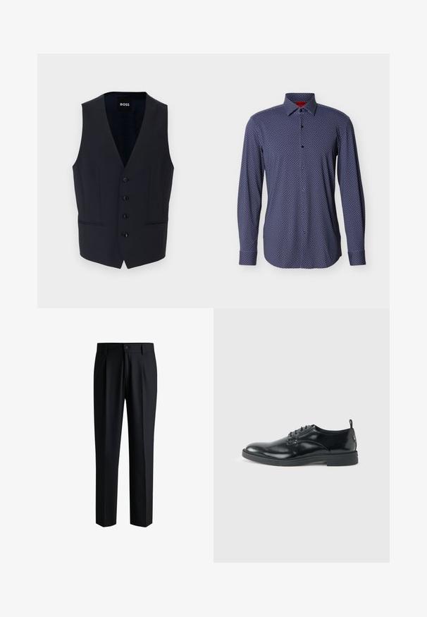 Chaleco navy con diseño de escote en V, que cuenta con seis botones y dos bolsillos laterales, fabricado con una tela suave y ligera.; Camisa azul marino de manga larga con botones en la parte delantera, patrón de pequeños rombos blancos, tela suave, puños abotonados y diseño de cuello clásico.; Pantalones negros de tela suave, con un diseño de pierna recta, pliegues en la parte delantera y cierre de botón con trabillas para cinturón.; Zapato de vestir negro de cuero brillante con tacón bajo, cierre de cordones y puntera redonda, mostrado de lado sobre un fondo claro y liso.