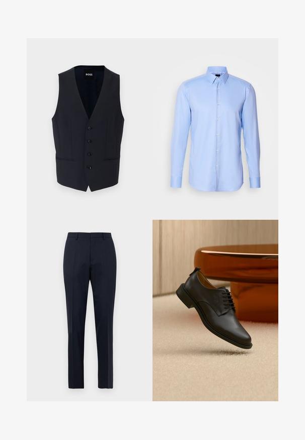 Chaleco navy con diseño de escote en V, que cuenta con seis botones y dos bolsillos laterales, fabricado con una tela suave y ligera.; Camisa de botones de manga larga color azul claro, hecha de tejido texturizado, con cuello puntiagudo y cierre de botones clásico en la parte delantera.; Pantalones de vestir para hombre en azul marino, ajustados, con un sutil patrón de cuadros, pasadores para cinturón y pliegue frontal, exhibidos de frente sobre fondo blanco.; Zapato de vestir para hombre de cuero negro con cordones flotando sobre una alfombra beige, con una mesa de café redonda marrón en el fondo.
