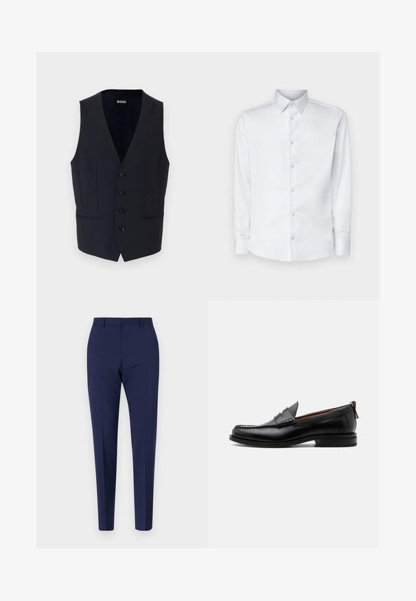 Chaleco navy con diseño de escote en V, que cuenta con seis botones y dos bolsillos laterales, fabricado con una tela suave y ligera.; Camisa blanca de manga larga hecha de tela suave, con un cuello clásico, tapeta de botones y puños con botones, presentada sobre un fondo liso.; Pantalones azul marino a medida con un ajuste slim, que presentan una textura suave, frente plano y piernas con plisados. Sin bolsillos visibles ni adornos.; Mocasín de hombre de piel negra con costura moc toe, tira penny, cuello texturizado y tacón bajo apilado sobre fondo blanco.