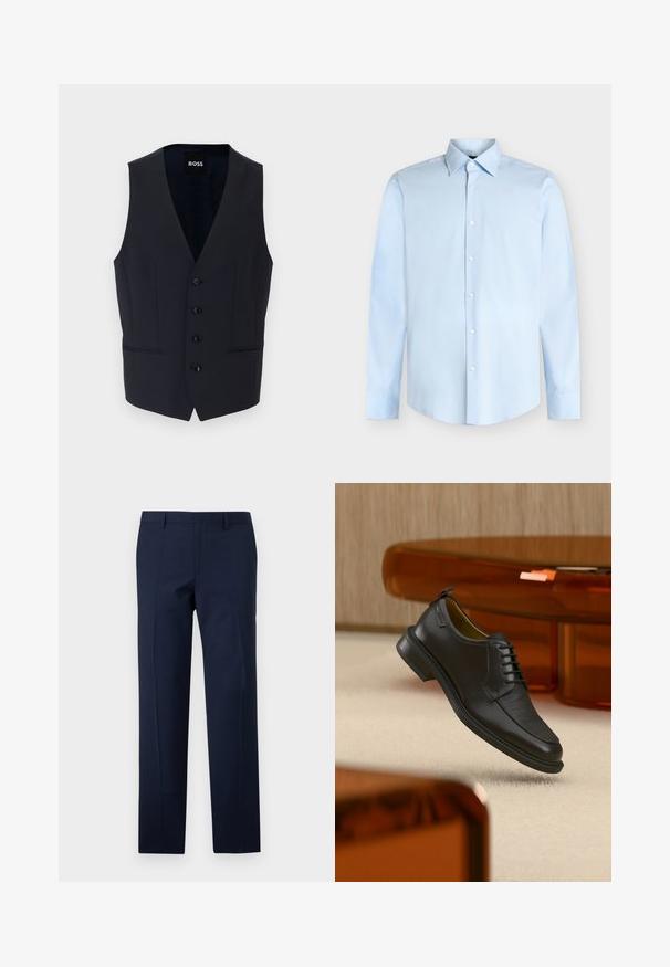Chaleco navy con diseño de escote en V, que cuenta con seis botones y dos bolsillos laterales, fabricado con una tela suave y ligera.; Camisa de vestir de hombre azul claro de manga larga con cierre de botones en la parte delantera y cuello puntiagudo, mostrada sobre un fondo blanco.; Pantalones azul marino con un corte entallado, que presentan una textura suave, pliegues marcados y un diseño de frente plano. Cierre de cremallera oculta.; Zapato de vestir negro de piel con cordones y parte delantera texturizada, flotando sobre una alfombra beige en una habitación moderna con muebles de tono ámbar.