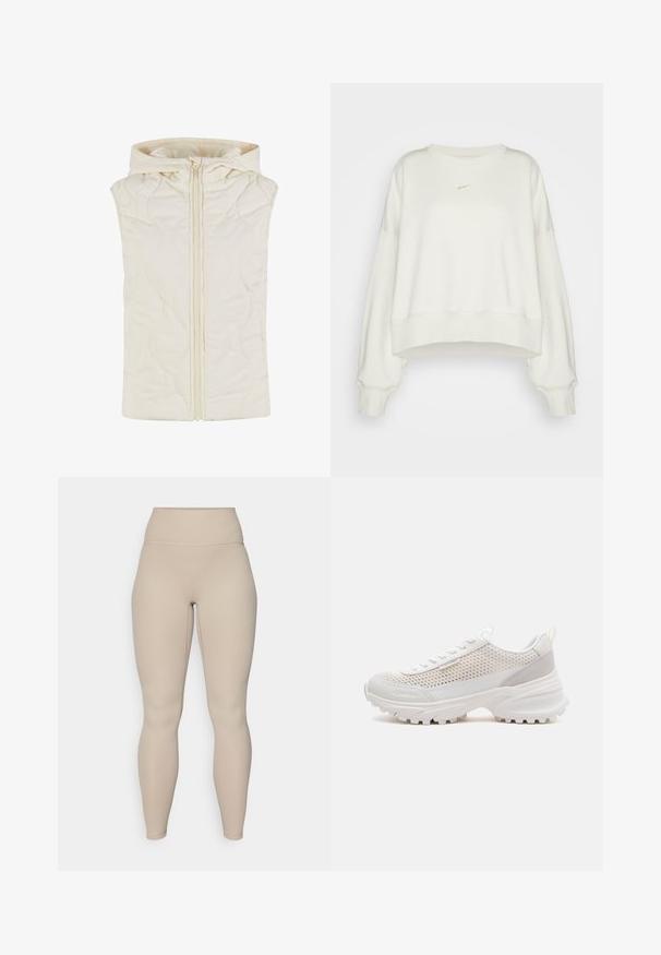 Quilted vest i cremefarve, med hætte, frontlynlås og glat tekstur med bølgemønstre på stoffet.; Nike Sportswear CREW - Sweatshirt - lt orewood brn/(sail); Beige høj talje leggings med ribbet tekstur, der har en glat talje og tætsiddende ben, designet til komfort og fleksibilitet.; Hvid chunky sneaker med mesh-overdel, tyk sål, Calvin Klein-logo på siden og trækflig på hælen.