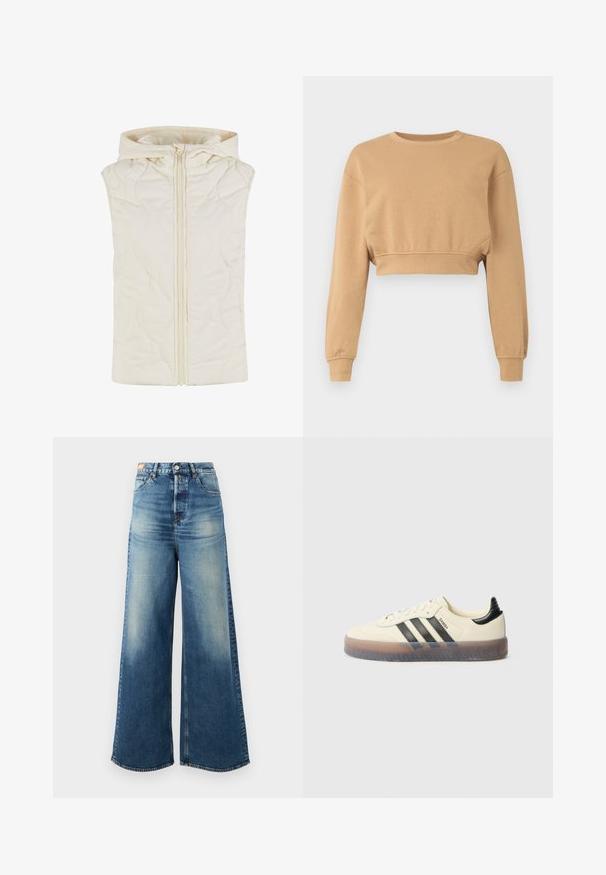 Quilted vest i cremefarve, med hætte, frontlynlås og glat tekstur med bølgemønstre på stoffet.; Korth sweatshirt i lys brun, fremstillet af blødt stof. Har lange ærmer, en rund halsudskæring og subtil elastik ved manchetterne og kanten.; Bredde ben blue denim jeans med en falmet finish, høj talje og klassisk fem-lomme design. Har kobber hardware og flossede kanter.; Beige sneakers med tre sorte striber, rund tå, tekstureret gummisål og glat overdel. Har polstret hæl og minimal branding.