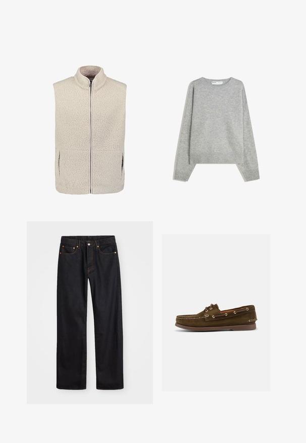 Crèmekleurig getextureerd fleece vest met opstaande kraag, rits aan de voorkant en zijzakken.; Grijze gebreide trui met een ronde halslijn, geribbelde manchetten en zoom, met een relaxed fit en een zachte textuur.; Heren straight-leg zwarte denim jeans met vijf zakken en oranje stiksels, knoop- en ritssluiting op de voorkant van de tailleband.; Bruine suède leren bootschoen met mocassinnaad aan de neus, veters aan de voorkant, metalen veteroogjes en een bruine rubberen zool, zijaanzicht.