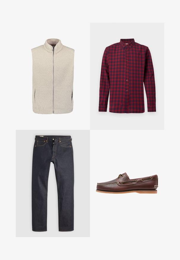 Crèmekleurig getextureerd fleece vest met opstaande kraag, rits aan de voorkant en zijzakken.; Rood en donkerblauw geruit overhemd met lange mouwen, knopen aan de voorkant, een button-down kraag en een borstzak.; Donkerblauwe spijkerbroek met een rechte pijp, voorzien van oranje stiksel en klassieke vijfzakkenstijl. Knop- en ritssluiting.; Bruine leren bootschoen met witte stiksels, veterdetails en beige rubberen zool, zijaanzicht op een witte achtergrond.