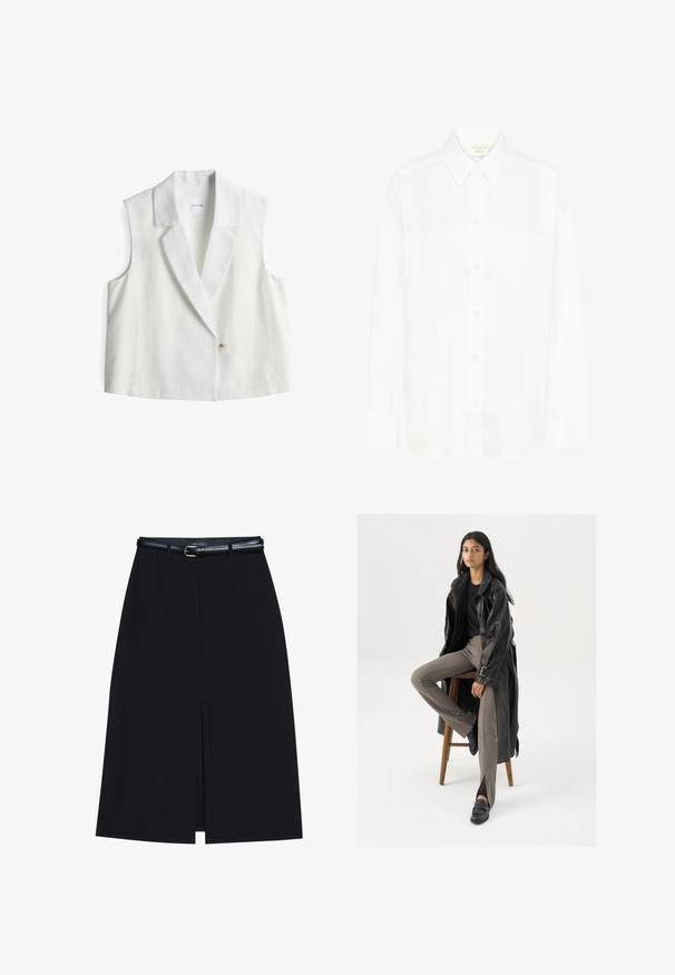 Witte mouwloze vest met een notch-kraag, sluiting met één knop en een gladde textuur. Label zichtbaar in het kraaggebied.; Witte blouse met lange mouwen, knoopsluiting voor, een klassieke kraag en een reguliere pasvorm. Gemaakt van gladde stof, met acht knopen aan de voorkant.; Zwarte knie-lange rok met een vooraanstaande split, gemaakt van gladde stof. Heeft een dunne zwarte riem met een zilveren gesp en riemlussen.; Zwarte leren trenchcoat met knopen en riemdetails, gecombineerd met lichtbruine getailleerde broek en zwarte loafers, zittend op een houten kruk.