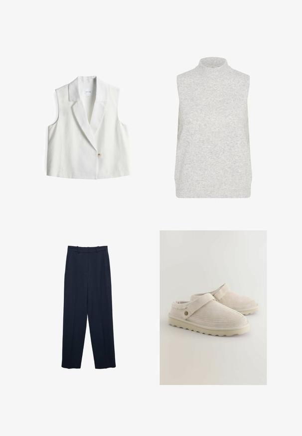 Witte mouwloze vest met een notch-kraag, sluiting met één knop en een gladde textuur. Label zichtbaar in het kraaggebied.; Lichtgrijze mouwloze coltrui gemaakt van zacht materiaal, met een ribbelstructuur en een rechte zoom. Geen zichtbare patronen of hardware.; Marineblauwe broek met rechte pijpen, riemlussen, voorzakken en gestreken plooien, plat liggend op een witte achtergrond.; Beige suède instappers met een platte rubberen zool, voorzien van een brede riem en gestikte details langs het bovenwerk.