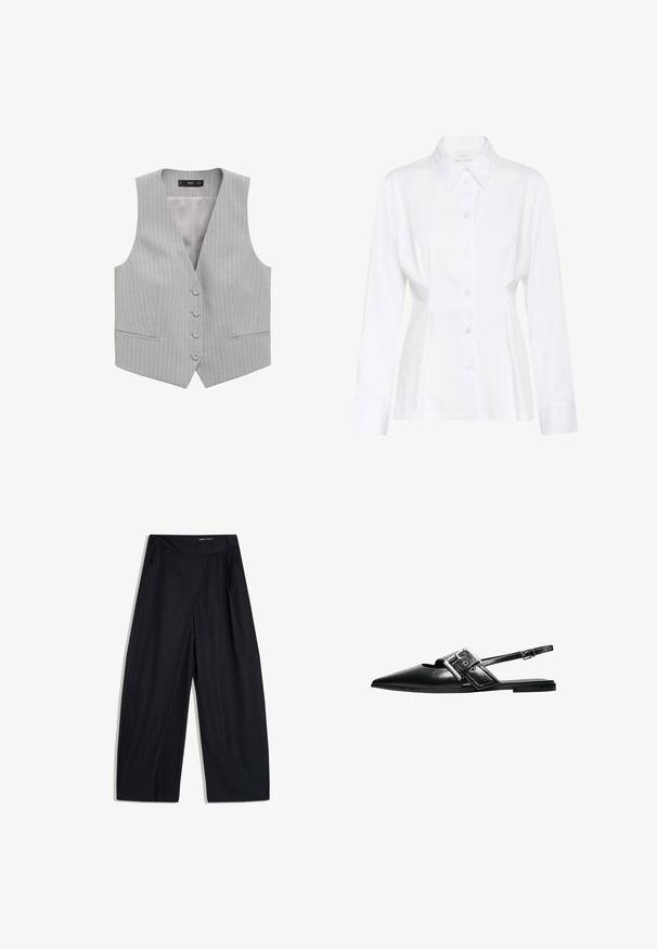 Grijs gestreepte vest met een V-hals, vijf knopen aan de voorkant en twee zakken aan de voorkant; gemaakt van een gladde stof met een lichte textuur.; Witte blouse met lange mouwen, knopen aan de voorkant, een puntige kraag, een aangesloten taille en een zichtbaar merklabel "Gestuz" aan de binnenkant van de kraag.; Zwarte broek met wijde pijpen en subtiele krijtstrepen, voorzien van een overlap aan de voorkant, zijzakken en een verborgen sluiting in de tailleband.; Zwart leren platte schoen met puntige neus, brede gespsluiting en een smalle verstelbare enkelriem.