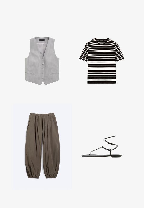 Grå vest med stikninger, V-hals, fem knapper foran og to lommer foran; lavet af et glat stof med en let struktur.; Sort-hvid vandretstribet t-shirt med korte ærmer og rund hals med almindelig pasform.; Løse mørke olivengrønne bukser med elastisk talje og opsamlede elastiske manchetter vist mod en lys baggrund.; Sort flad sandal med tynde stropper og ankelrem med spænde, minimalistisk design, set fra siden på hvid baggrund.