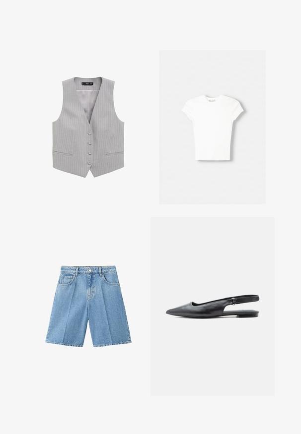 Grijs gestreepte vest met een V-hals, vijf knopen aan de voorkant en twee zakken aan de voorkant; gemaakt van een gladde stof met een lichte textuur.; Witte t-shirt met korte mouwen van zachte katoen, met een ronde halslijn en een getailleerde vorm. Geen zichtbare patronen of versieringen.; Lichtblauwe denim shorts met voorzakken, riemlussen, knoopsluiting en een knielange snit, op een witte achtergrond.; Zwart leren platte schoen met spitse neus, slingback en lage hak met verstelbare riem op lichte achtergrond.