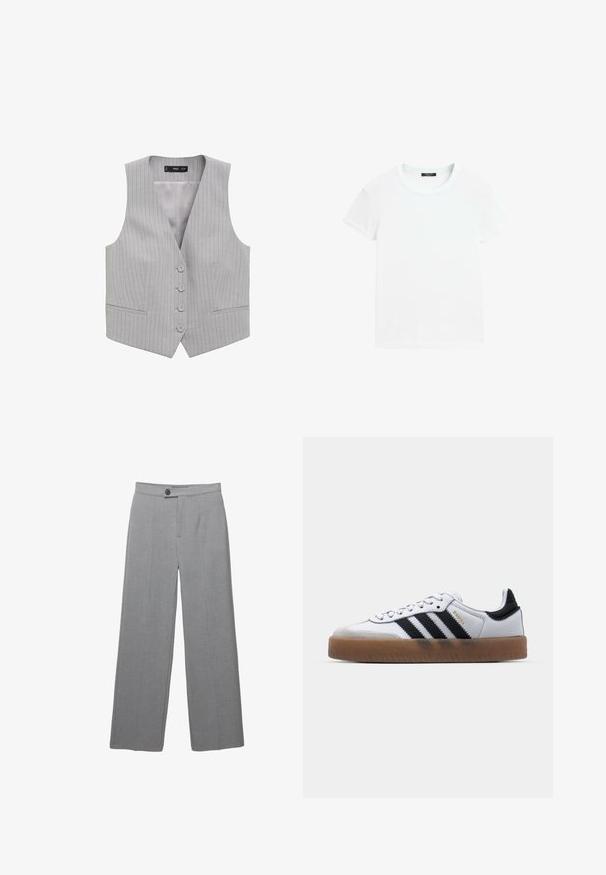 Grijs gestreepte vest met een V-hals, vijf knopen aan de voorkant en twee zakken aan de voorkant; gemaakt van een gladde stof met een lichte textuur.; Effen wit t-shirt met korte mouwen en ronde hals, plat gelegd op een witte achtergrond.; Grijze op maat gemaakte broek met een brede pijp, platte voorkant en subtiele textuur. Bevat een enkele knoopsluiting en strakke lijnen.; Witte leren sneakers met zwarte strepen, gumrubberen buitenzool, ronde neus, vetersluiting en een zachte grijze suède neuskap.