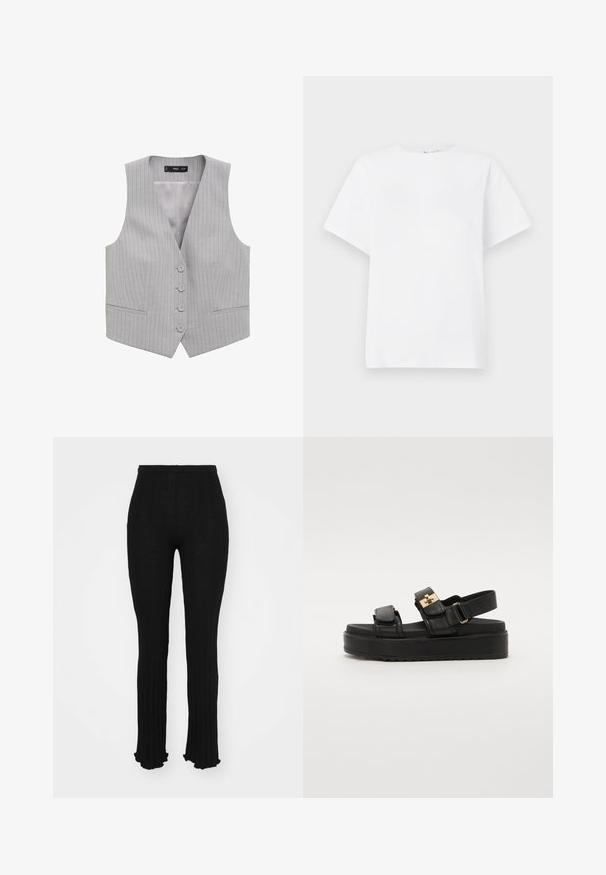 Grijs gestreepte vest met een V-hals, vijf knopen aan de voorkant en twee zakken aan de voorkant; gemaakt van een gladde stof met een lichte textuur.; Witte korte mouwen t-shirt van katoen. Heeft een ronde hals, een ontspannen pasvorm en een zachte textuur zonder patronen of accenten.; Zwarte geribde broek met een flare onderaan, met een textuurontwerp en een elastische tailleband. Gladde, lichtgewicht stof met een getailleerd silhouet.; Zwarte platform sandalen met twee verstelbare banden, hardware in goudkleur en een gestructureerde zool. Gemaakt van soepel leer met een slank ontwerp.