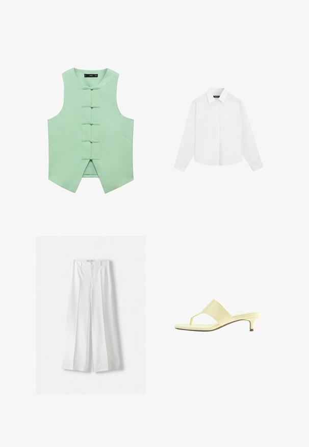 Mintgrøn ærmeløs vest med høj krave, der har fem fronttoggle og vinklede sidesømme for et skræddersyet look. Glat, vævet stof.; Hvid langærmet skjorte med knapper og krave, vist fladt mod en hvid baggrund.; Hvide brede bukser med høj talje, midterfold og klassisk knaplukning. Fremstillet af glat stof med en skræddersyet design.; Lysegul hælsandal med en tåremme og lav kittenhæl, vist i profil på hvid baggrund.